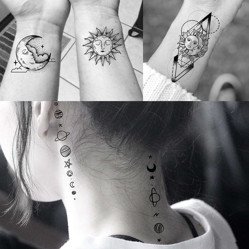 COKTAK 28 Sheets Outer Space Temporary Tattoos For Kids Women Men, 3D Fake Realistic Star Sun Moon Tattoo Stickers Boys Girls, Long Lasting Geometric Planets Universe Tattoos Neck Small Solar System - Image 4